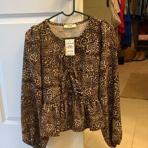 Leopard Print Peplum Blouse - Brown